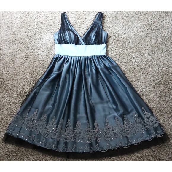 Davids Bridal Turquoise Blue Dress Black Tulle Sequin Fit and Flare Womens 6 - Picture 6 of 8